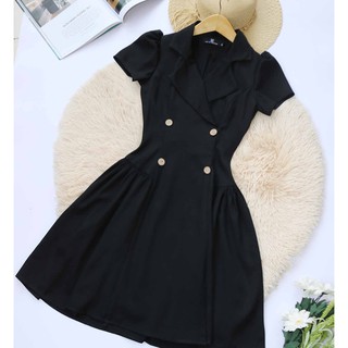 Đầm dự tiệc đen nữ thiết kế dáng xòe tay ngắn cổ vest cao cấp tôn dáng che bụng sáng da đầm thời trang dự tiệc công sở