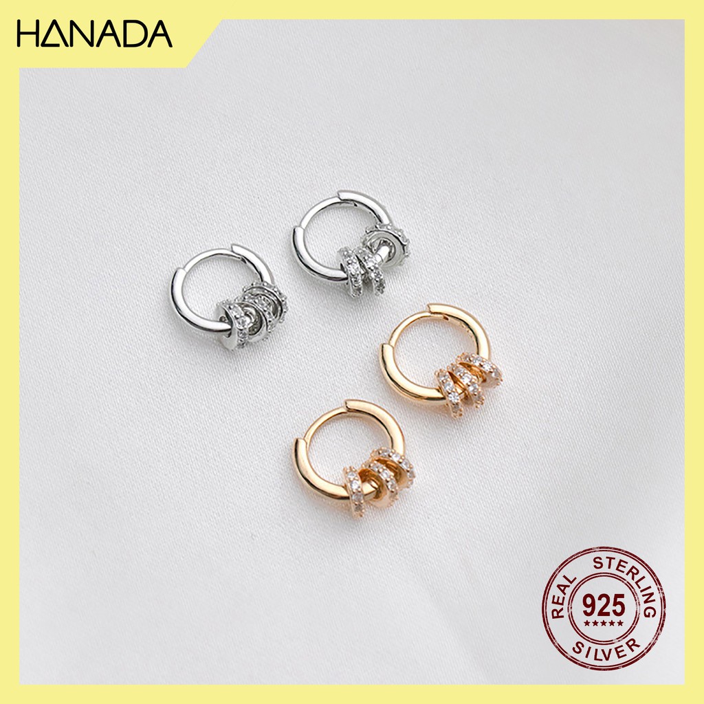 Bông Tai Bạc 925 Hanada N1234.E.2.B.360.0622 Khoen Tròn 3 Đá Tròn