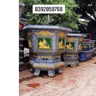 (Cả bộ kèm chân đôn) Khuôn đúc chậu cảnh nhựa abs lục giác 80 cao 60cm có lòng trong hoạ tiết Phúc Lộc Thọ va hoa sen