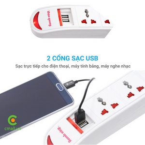 Ổ cắm Có  USB Sạc Điện Quang ĐQ ESK DBW103  Kiểu Tàu Siêu Tốc, 3 Ổ Cắm 3 chấu, 2 Cổng USB Sạc Nhanh, màu trắng