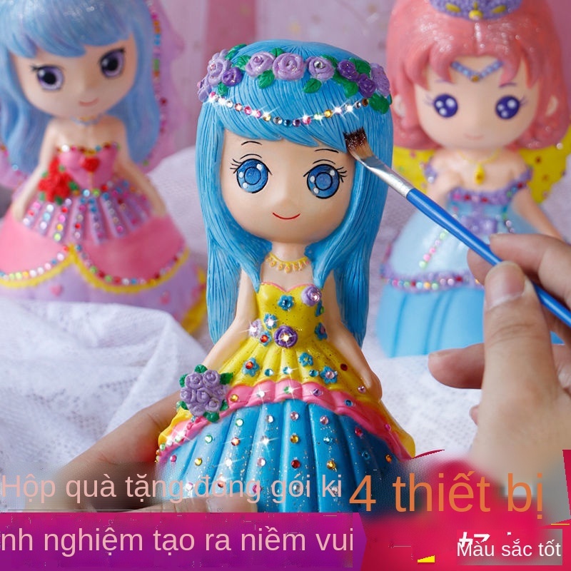 ☈▪❀Trẻ em làm bằng tay tự làm bằng tay búp bê thạch cao sơn màu sơn vinyl lợn đất trắng phôi sơn hộp quà bộ đồ chơi