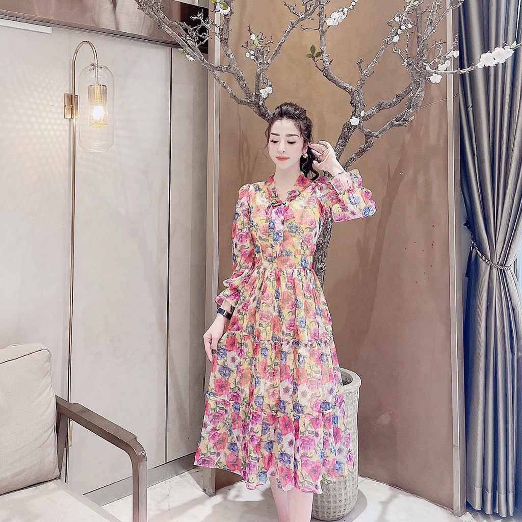 Đầm hoa nơ chất liệu tơ 🔸 HÀNG CAO CẤP 🔸 váy xòe hoa tiết hoa siêu xinh thích hợp đi dạo phố, dự tiệc | BigBuy360 - bigbuy360.vn
