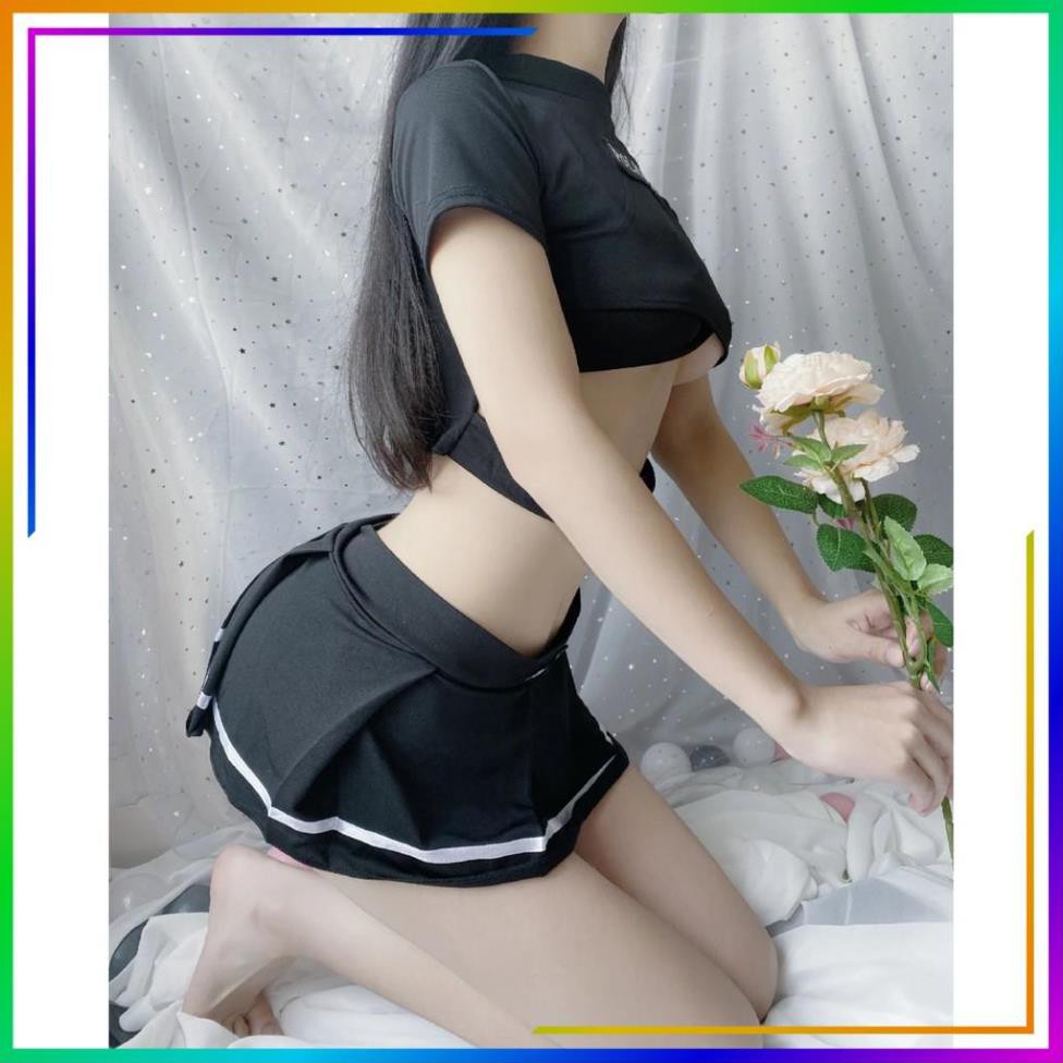 Bộ Đồ Ngủ Cosplay Tiếp Viên Gợi Cảm, Bộ Váy Ngủ C.Ả.N.H S.Á.T Sexy Gổm Mũ + Áo Croptop Cách Điệu + Đầm Dáng Xòe (Đen) | BigBuy360 - bigbuy360.vn