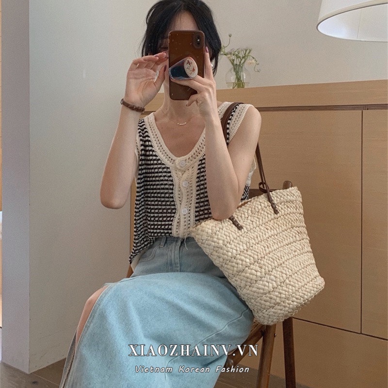 Áo kiểu XIAOZHAINV sát nách cổ chữ V dệt kim 4 màu sắc tùy chọn phong cách Hàn Quốc retro dành cho nữ