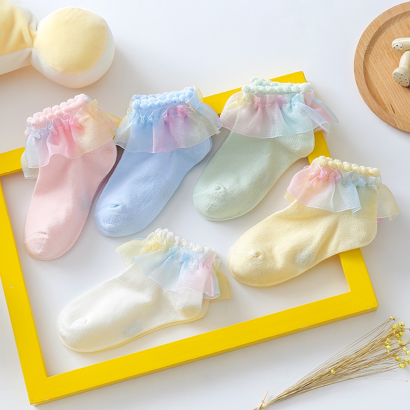 Tất/vớ công chúa phối viền ren cầu vồng tông màu pastel Hàn Quốc siêu xinh cho bé 0-3 tuổi