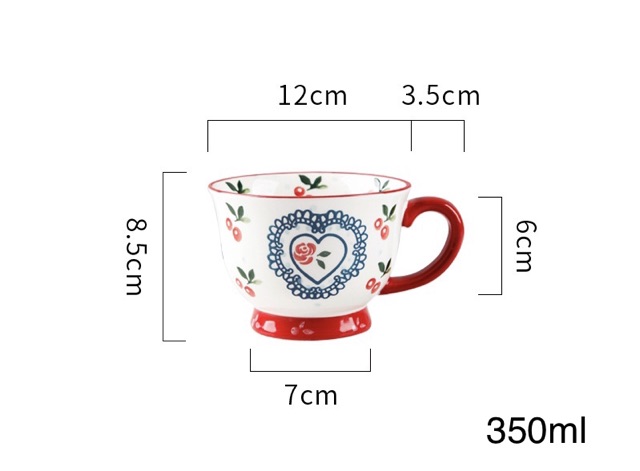 Cốc có quai cỡ lớn 350ml hoạ tiết cherry phong cách Bắc Âu (dáng loe)