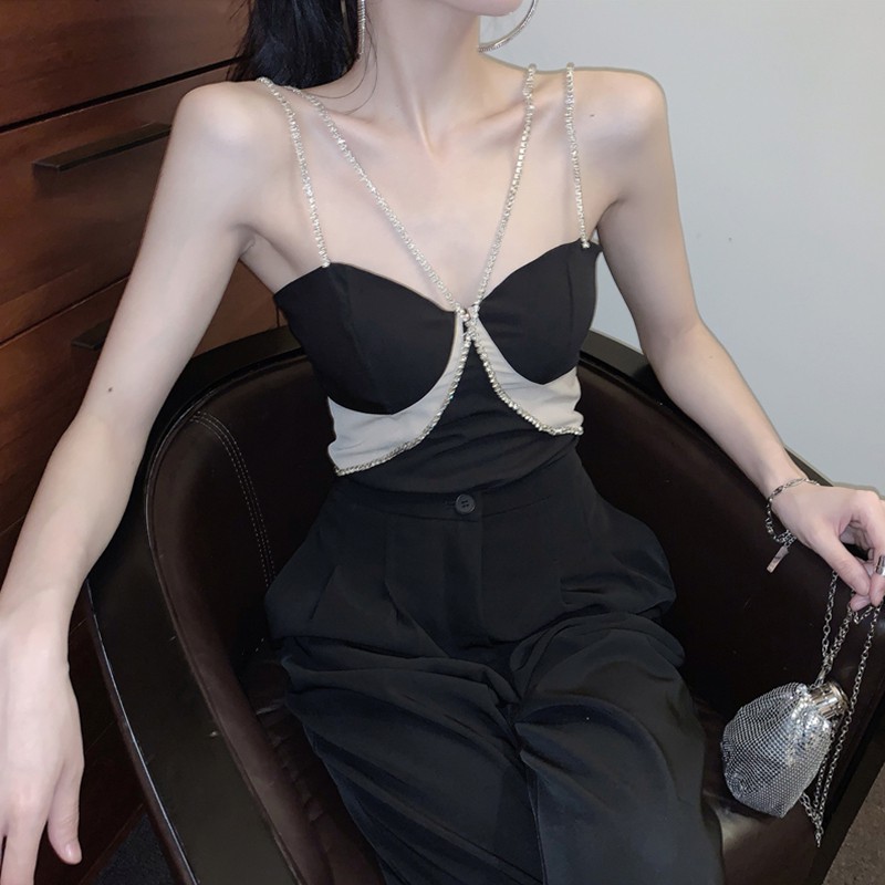 ◎Công nghiệp nặng cổ điển Pháp rhinestone chuỗi khâu ống quây gợi cảm trên cùng bộ quần áo phù hợp với tây hai mả ་