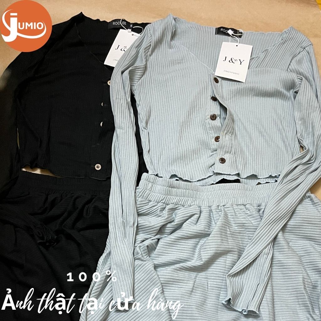 Set đồ nữ cá tính, set váy áo croptop sang chảnh phong cách Hàn Quốc dài tay cổ tròn co giãn tốt chất len tăm JUMIO