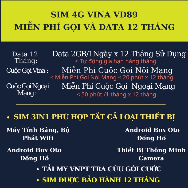 SIM4G VD89 D60G Vinaphone ( Miễn phí Gọi + Vào Mạng 1 Năm Tốc Độ Cao )Có Video kèm test Tốc Độ,Bảo Hành 12 Tháng