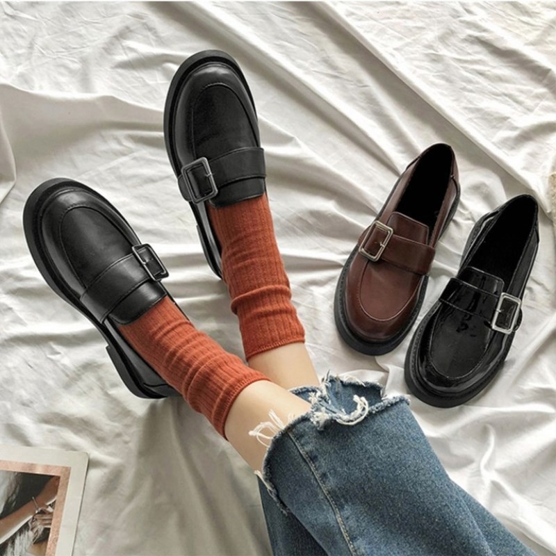 [CÓ SẴN] Giày ulzzang da mềm khuy vuông nữ phong cách Hàn Quốc