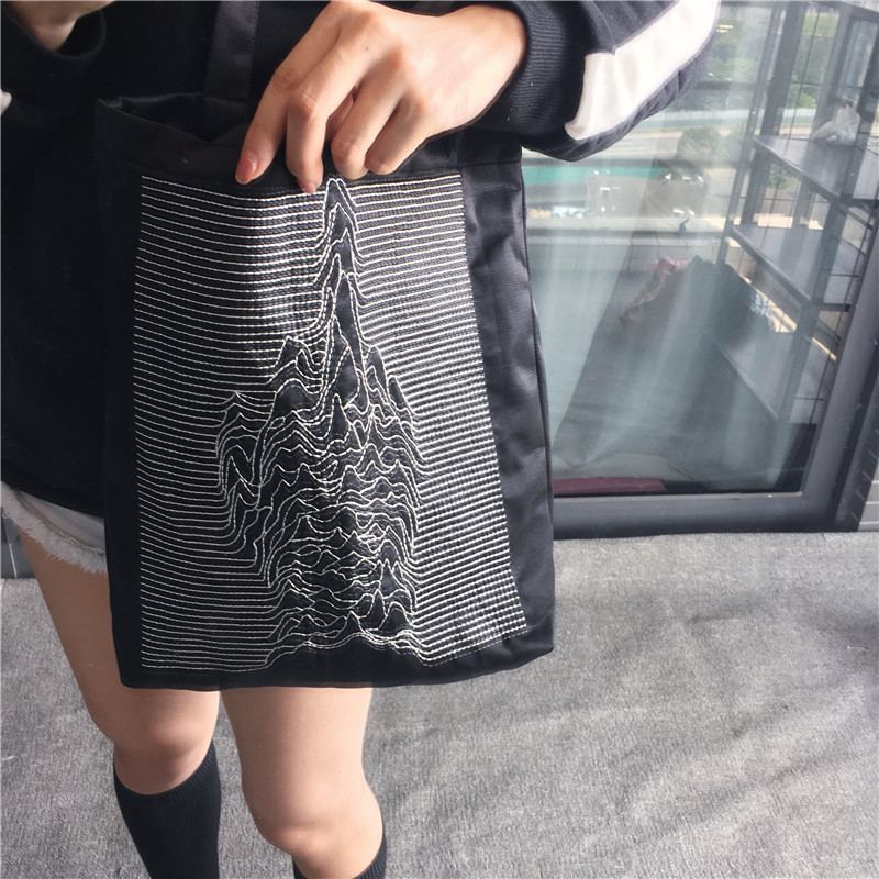 Túi tote đeo vai bằng canvas thêu hình ngọn núi màu đen đơn giản cá tính 22004