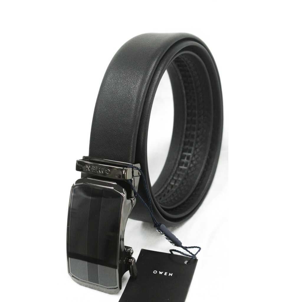 Thắt lưng da bò nam cao cấp OWEN BELT220598 dây nịt da thật màu đen mặt hợp kim đúc nguyên khối khóa trượt tự động