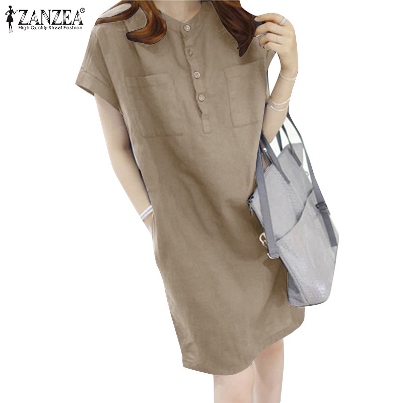 Đầm Zanzea tay ngắn màu trơn phối thắt lưng phong cách Hàn Quốc thời trang cho nữ