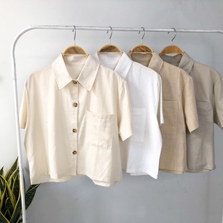 Áo sơ mi linen nữ croptop lửng basic vintage Ulzzang