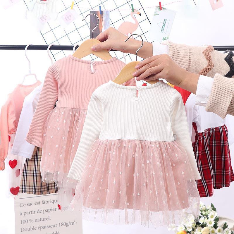 Babyme Autumn Girls Round Neck Mesh Stitching Gauze Princess Flower Cute Sweet Long Sleeve Dress