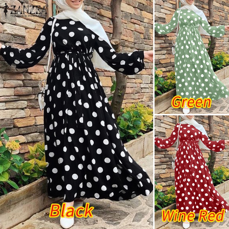 Zanzea Đầm Maxi Tay Dài Hoạ Tiết Chấm Bi Cho Phụ Nữ Islam