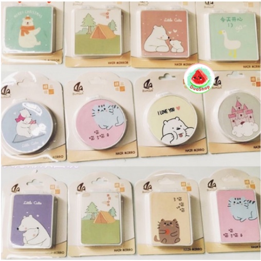🍉Gương 2 Mặt Mini Cầm Tay - Đóng Bìa Cứng Siêu Dễ Thương Hình Vuông/ Tròn/ Chữ Nhật - Gương Trang Điểm Bỏ Túi DUASHOP