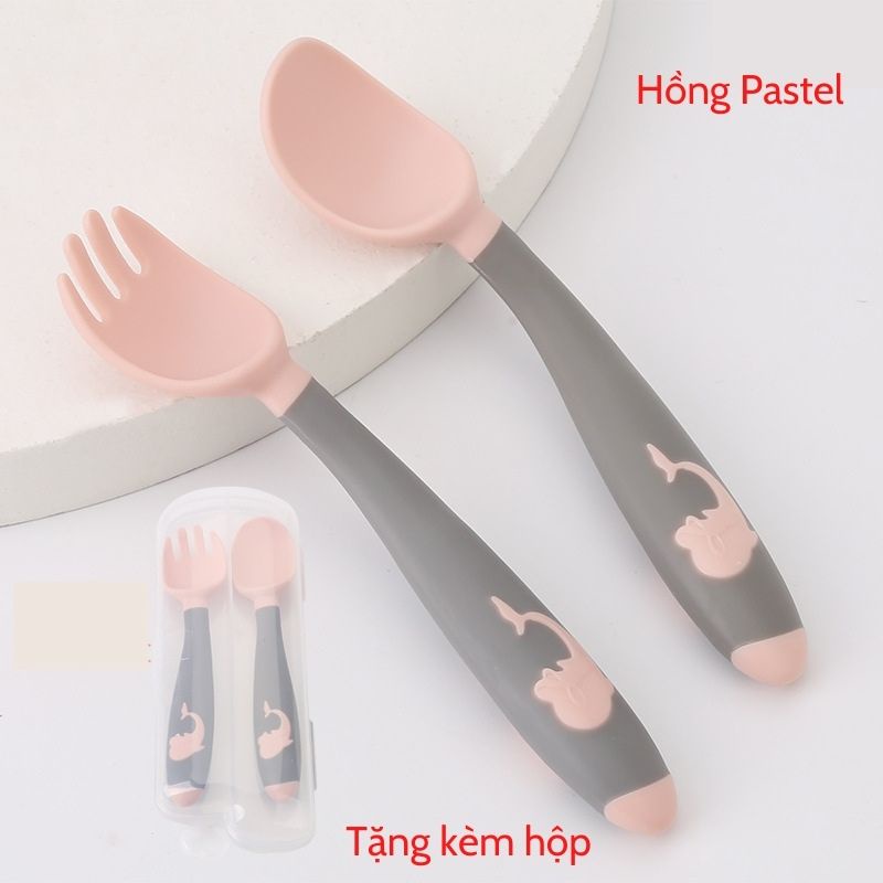 Set thìa silicon uốn cong 360 độ tập cho bé tự xúc ăn (có hộp đựng tiện lợi)