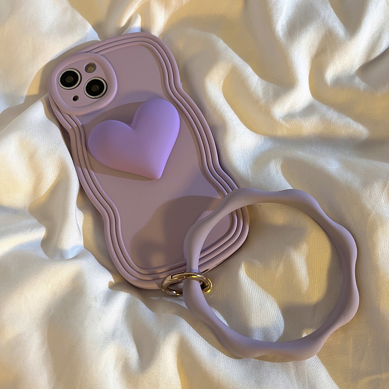 Ốp Điện Thoại Màu Tím Họa Tiết Hoa Lilac Có Vòng Đeo Tay Trái Tim Ba Chiều Cho IPhone 14 13 12 11 Pro Max X XR XS