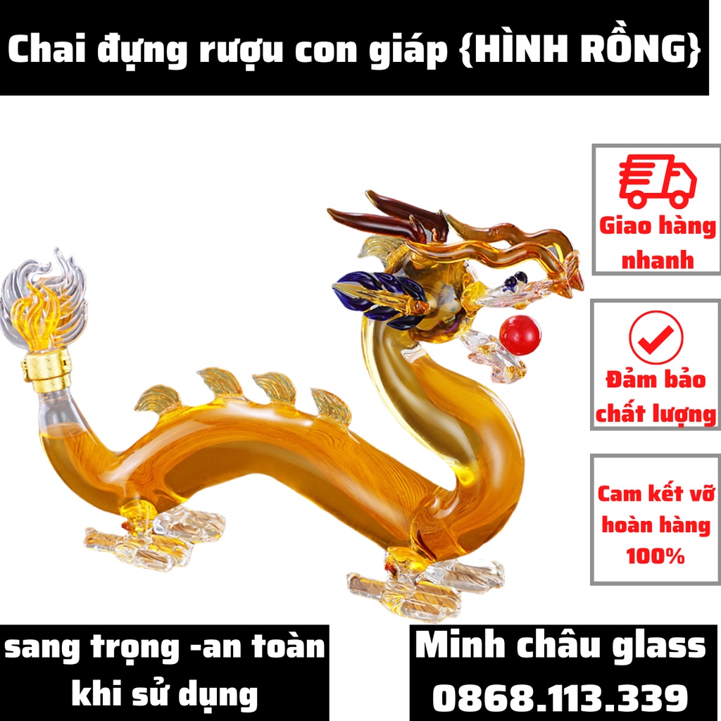Bình thủy tinh đựng rượu cao cấp 1000ml hình 12 con giáp mẫu con rồng mẫu thìn vỏ chai ngâm đựng rượu 1000ml sang trọng