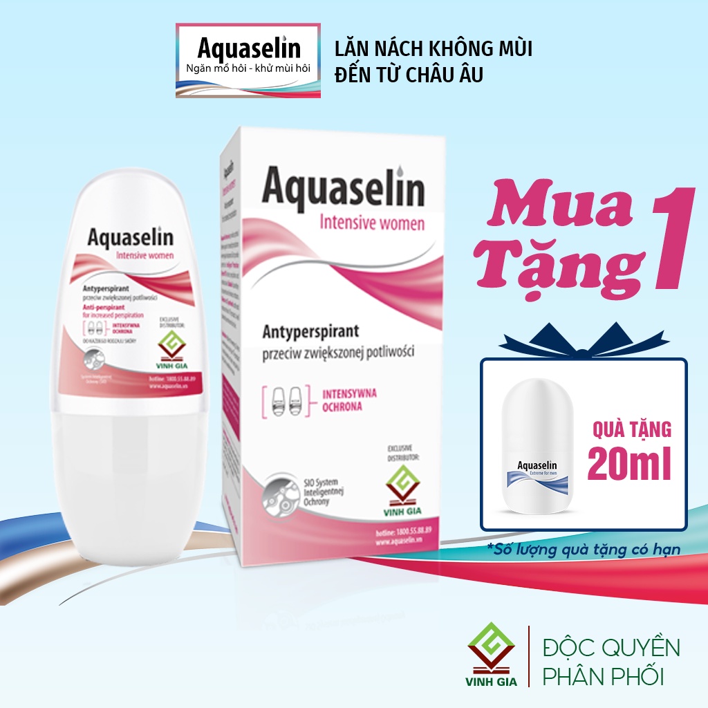 Lăn Khử Mùi Dành Cho Nữ AQUASELIN Intensive Women Mờ Thâm, Không Mùi, Ngăn Ố Vàng Áo Dùng Được Cho Mẹ Bầu 20ml - 50ml