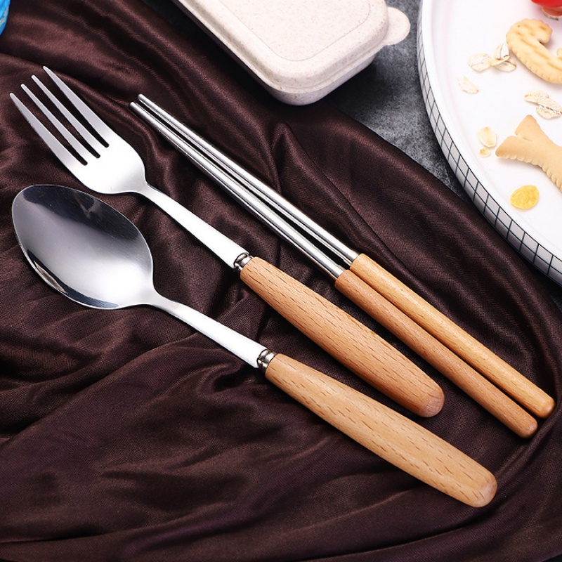 Bộ Muỗng Nĩa Bằng Thép Không Gỉ Với Tay Cầm Bằng Gỗ Tiện Dụng