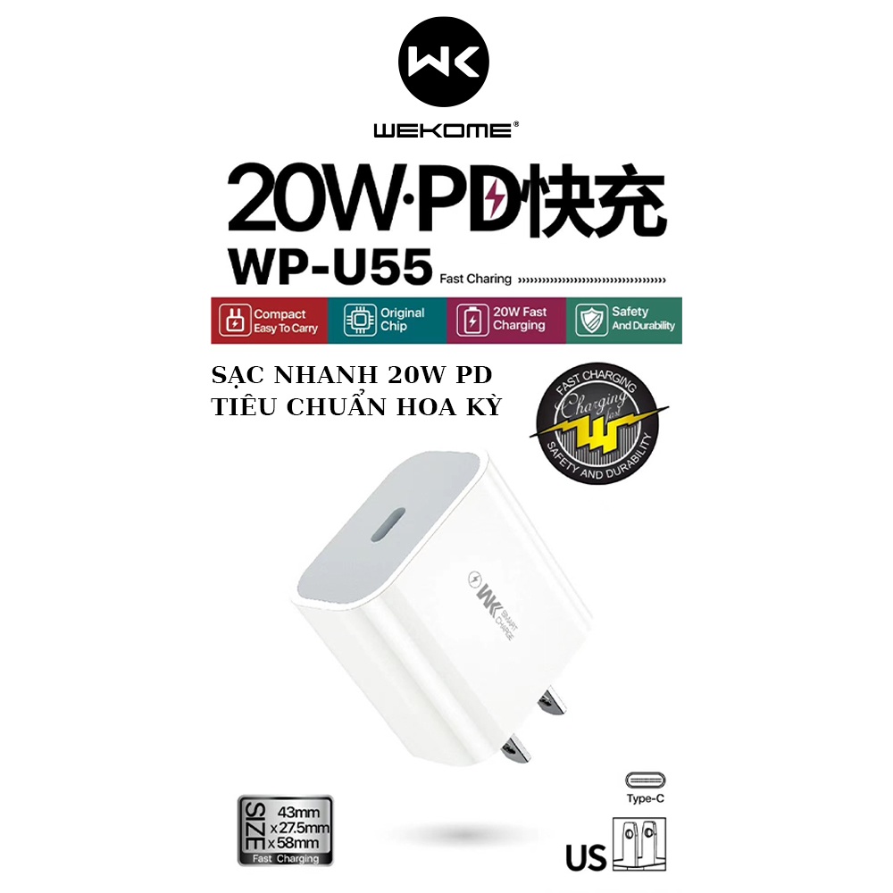 Củ sạc PD 20W Wekome WP-U55 hỗ trợ sạc nhanh các dòng điện thoại thế hệ mới