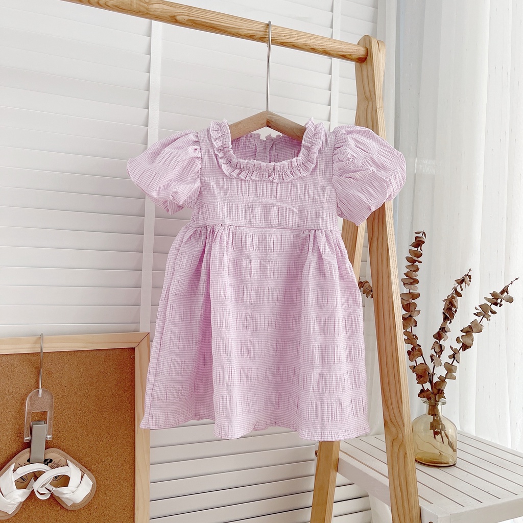 Váy hè cộc tay vảo xốp dãn màu trơn cho bé gái 8-19kg (1-5 tuổi)