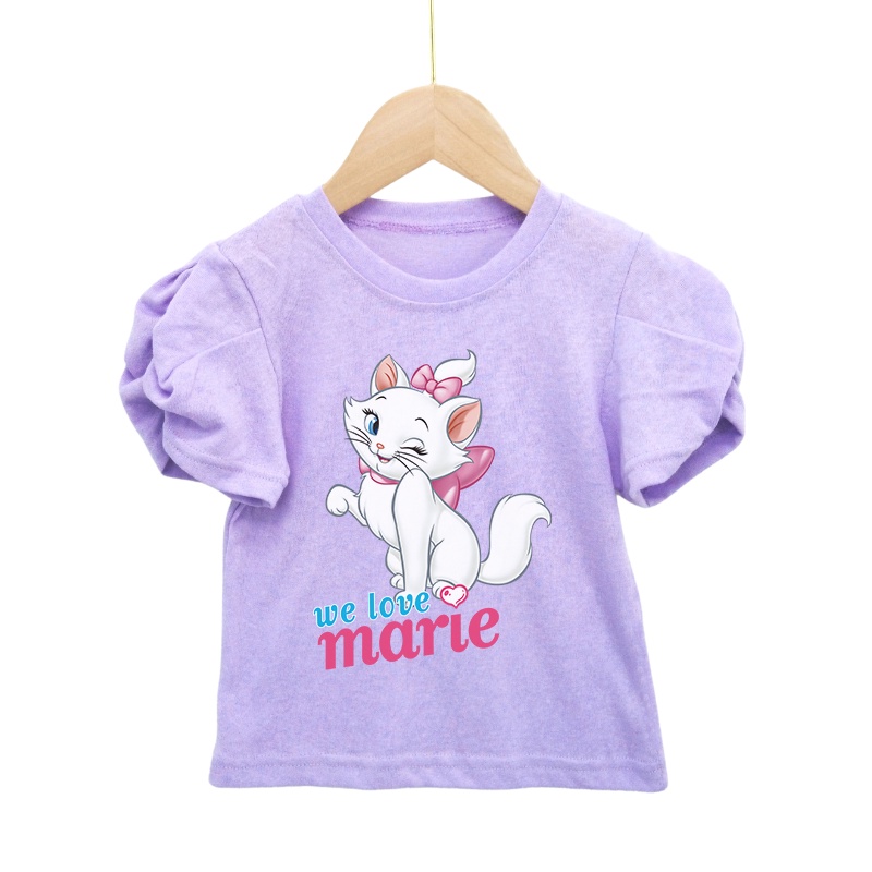 Áo Thun Tay Phồng Mềm Mại In Họa Tiết Mèo Marie Màu Kẹo Cho Bé Gái