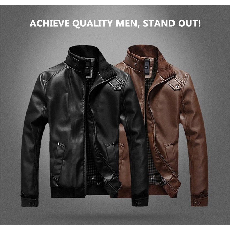 Áo Khoác Da Pu Cổ Đứng Màu Đen / Nâu Thời Trang Xuân Thu Cho Nam