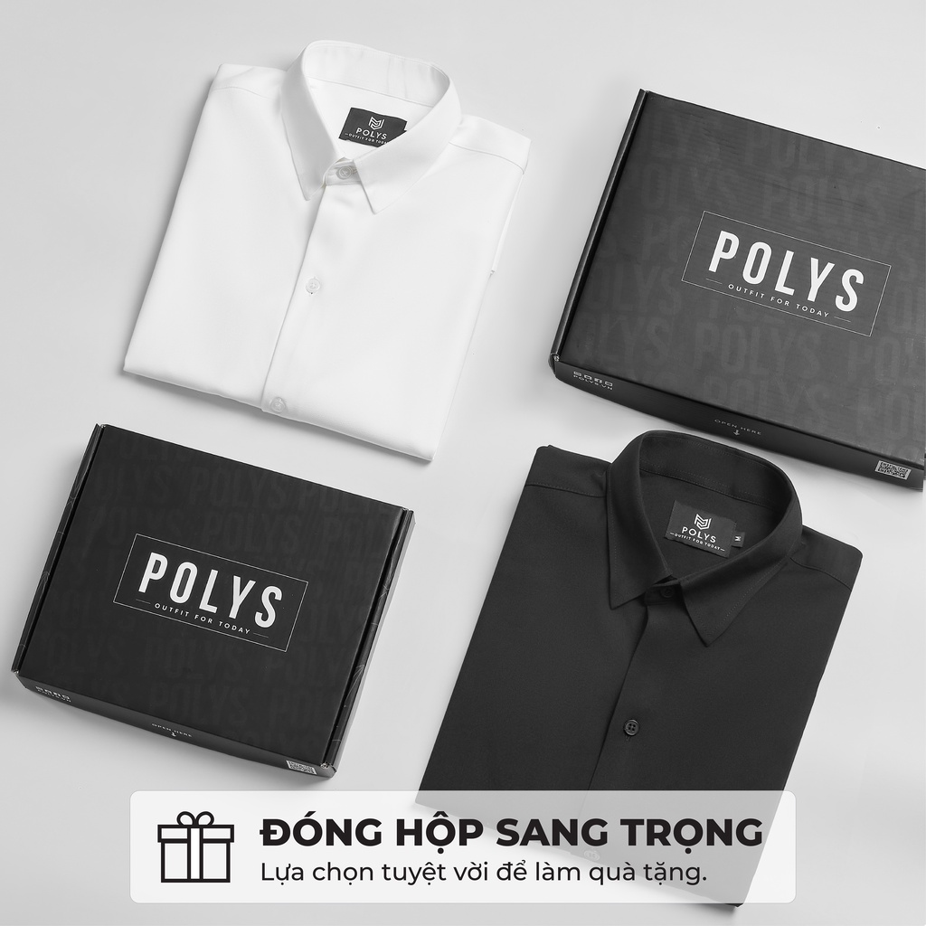 Áo sơ mi nam tay dài Trắng Đen POLYS Fullbox, Vải Chéo Thái dày dặn, co giãn, thoáng khí LONG SLEEVE