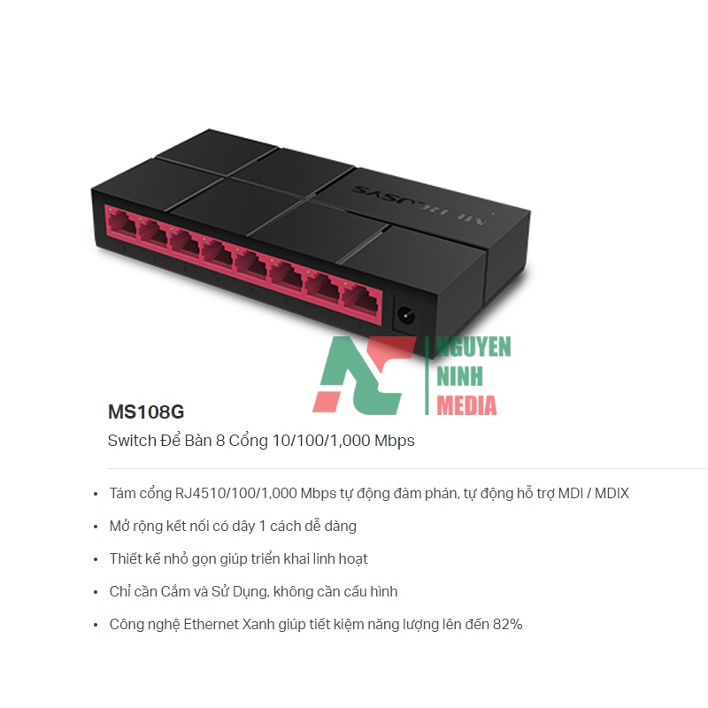 Switch Chia Mạng 8 cổng Mercusys MS108G tốc độ Gigabit 100/1000Mbps - Hàng Chính Hãng