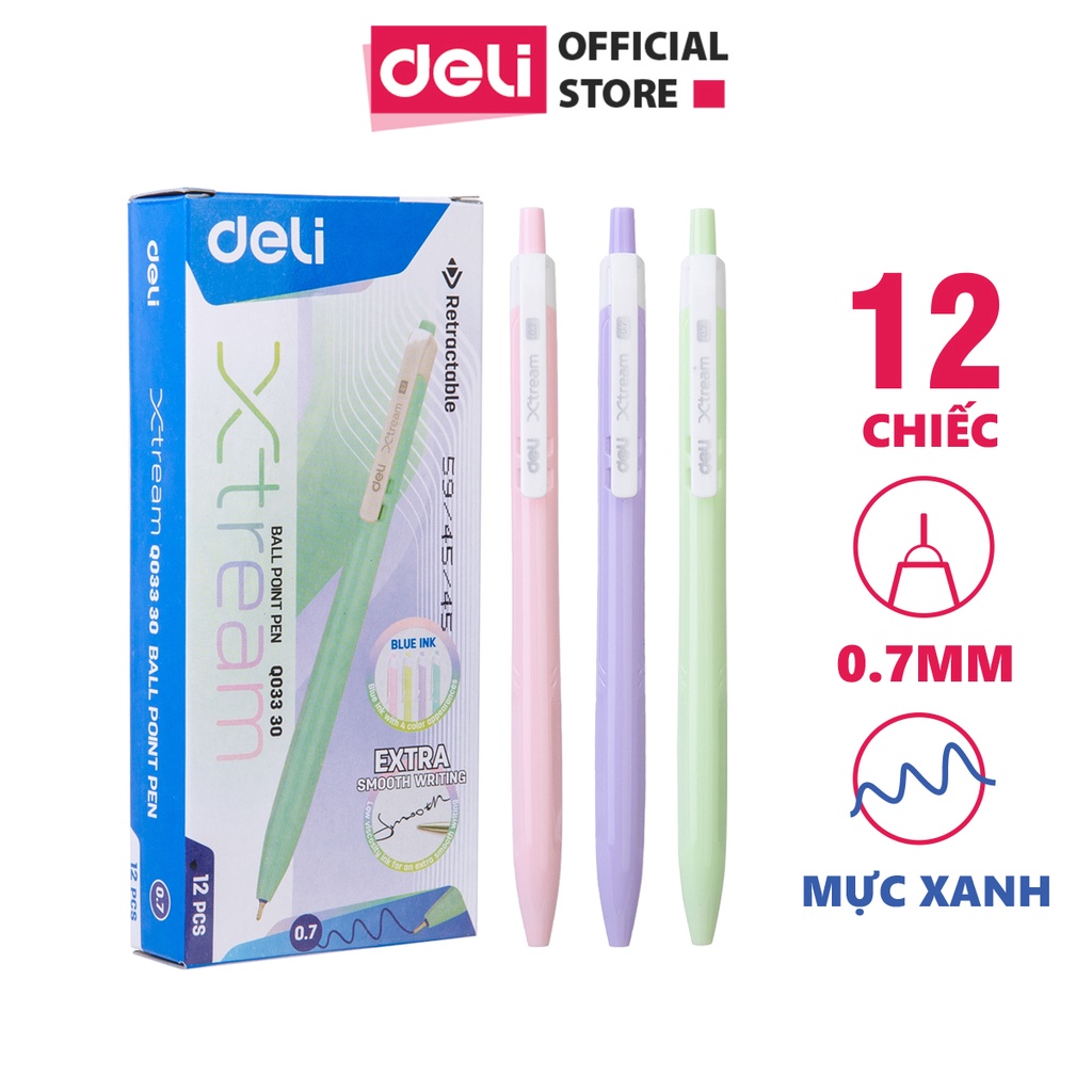 Bút bi bấm văn phòng mực xanh ngòi 0.7mm Deli giá rẻ viết nét đều trơn tru - Hộp 12 chiếc - EQ03330