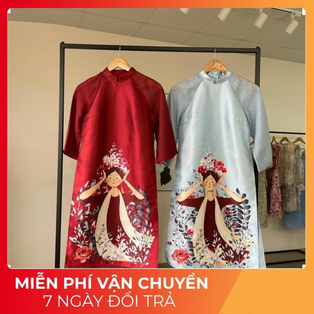 Áo Dài Cách Tân Nữ Mặc Tết Dáng Suông Vải Voan Tơ Hình Cô Gái A02