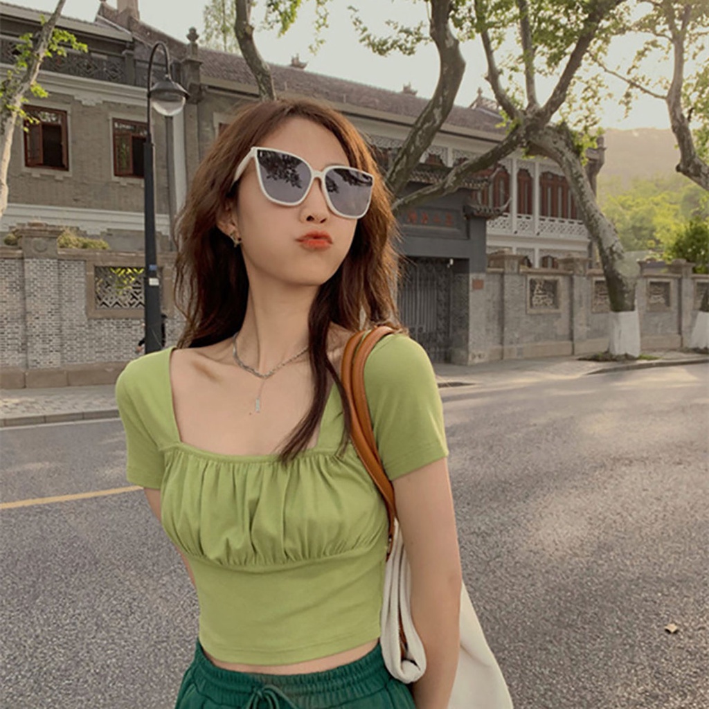 Áo Thun Lửng Cổ Vuông Hở Rốn Dáng Ôm Thời Trang Mùa Hè Kiểu Pháp Cho Nữ