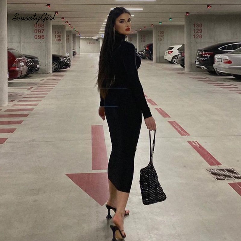 Đầm Maxi Tay Dài Cổ Cao Màu Trơn Dáng Ôm Thời Trang 2022 Quyến Rũ Cho Nữ