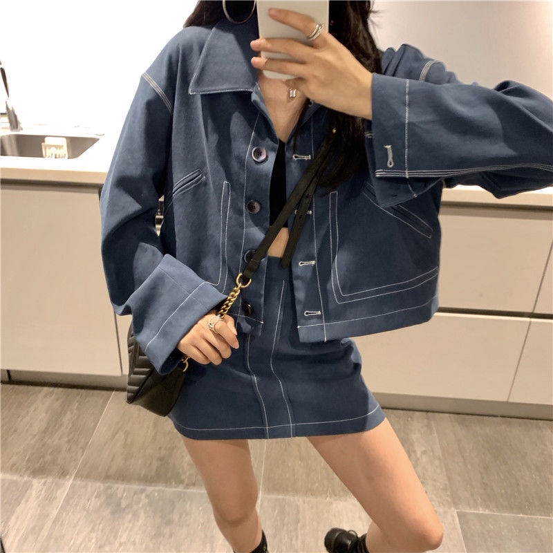 2023 Set Áo Denim Ngắn + Chân Váy Chữ A Thời Trang Mới Cho Nữ