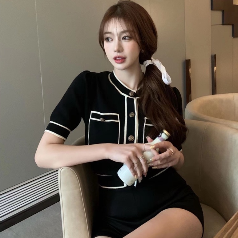 [Hana And Alice]  Áo Dệt Kim Tay Ngắn Vải Lụa Lạnh Mỏng Thời Trang Mùa Hè 2023 Small fragrance wind