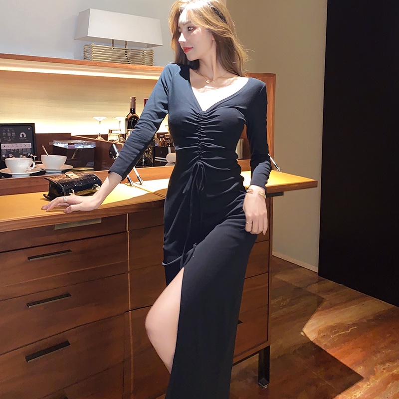 DUNEA Đầm Tay Dài Cổ Chữ V Xẻ Sâu Gợi Cảm Thời Trang Cho Nữ