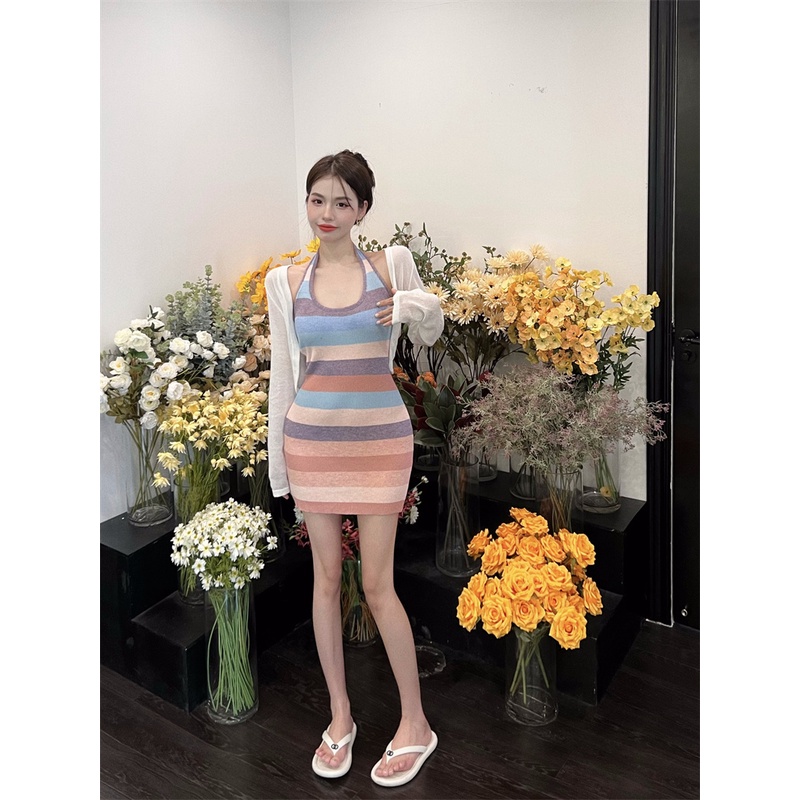 Bộ Áo Khoác cardigan Cổ Tròn + Đầm Hai Dây Dệt Kim Chống Nắng Thời Trang Mùa Hè Phong Cách Hàn Quốc Cho Nữ