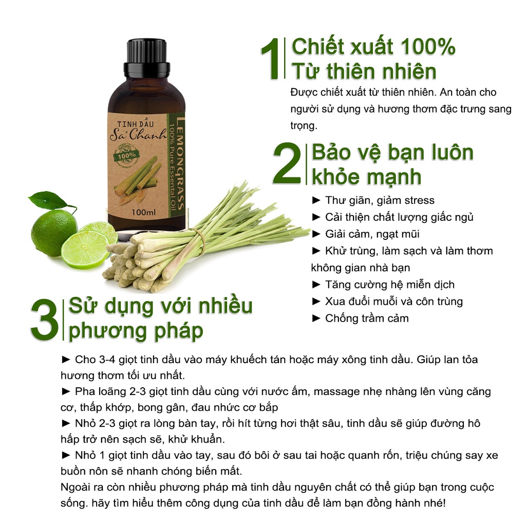 Tinh dầu sả chanh nguyên chất giúp thơm phòng, thư giản, đuổi muỗi  - sunstore.office