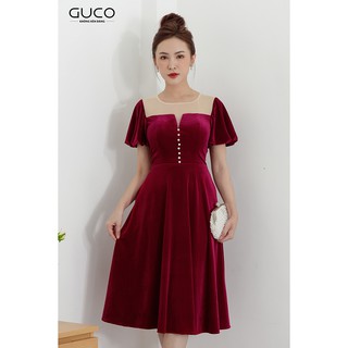 GUCO - Đầm nữ dự tiệc dáng xòe chất vải nhung cổ phối vải lưới 2618