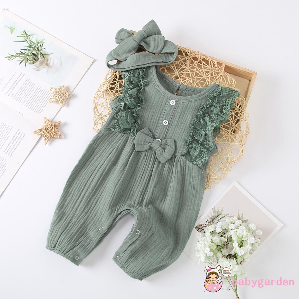 Bộ áo liền quần cổ tròn sát nách ren hoa kèm băng đô cho bé gái