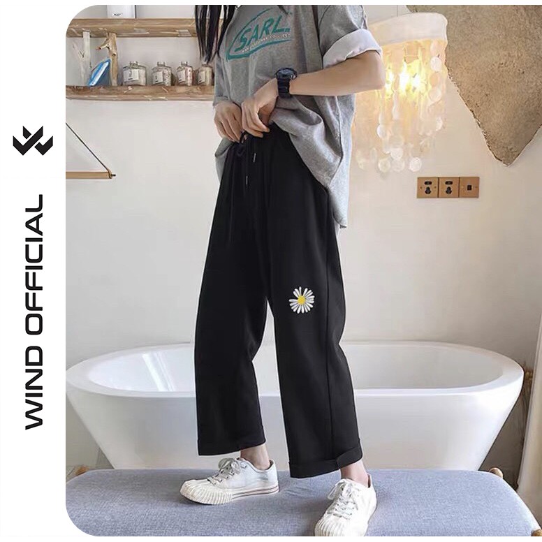 Quần baggy Wind unisex kaki ống suông Thêu Hoa Cúc nam nữ form rộng ullzang