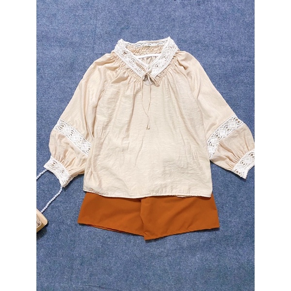 Set Babydoll Ren Phối Short Nâu L.YStore Nữ 🌸Bộ áo sơ mi dài tay phồng vintage kèm quần sooc ống rộng Ulzzang🌸