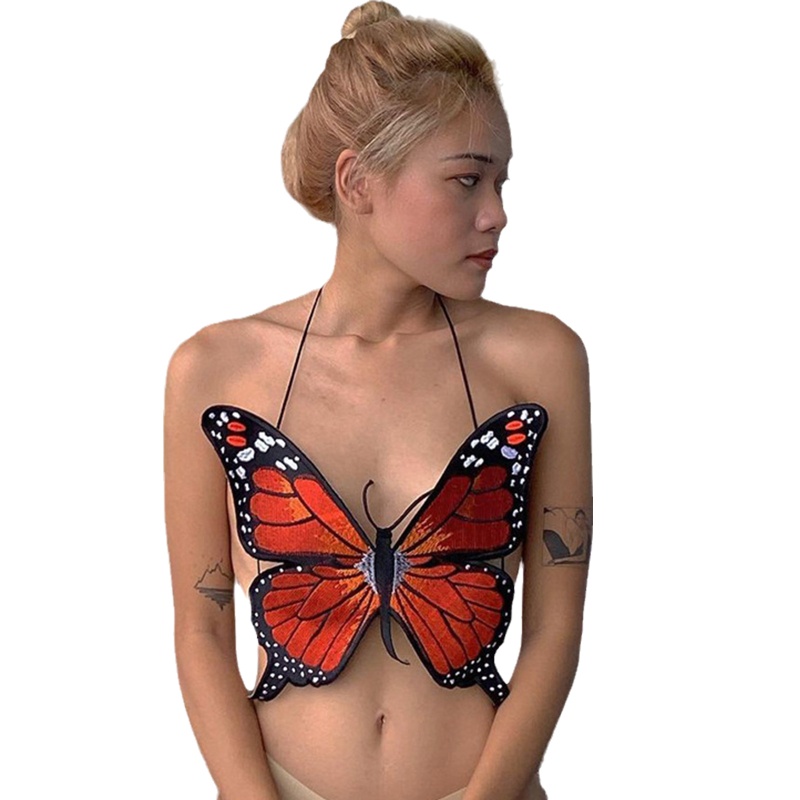 Áo croptop hai dây cổ yếm thêu hình bướm hở lưng gợi cảm cho nữ