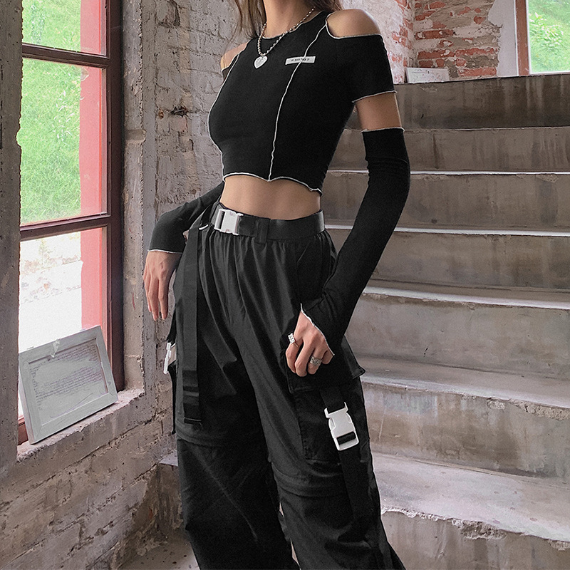 MODOU Women Hip Hop Dance Style Cold Shoulder Slim Short Tshirt with Glove