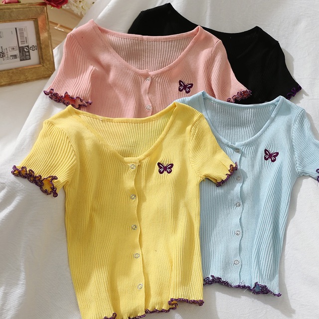 [ẢNH THẬT+VIDEO] Áo Croptop Len Mongini Viền Bèo Cúc Dọc Nhiều Màu