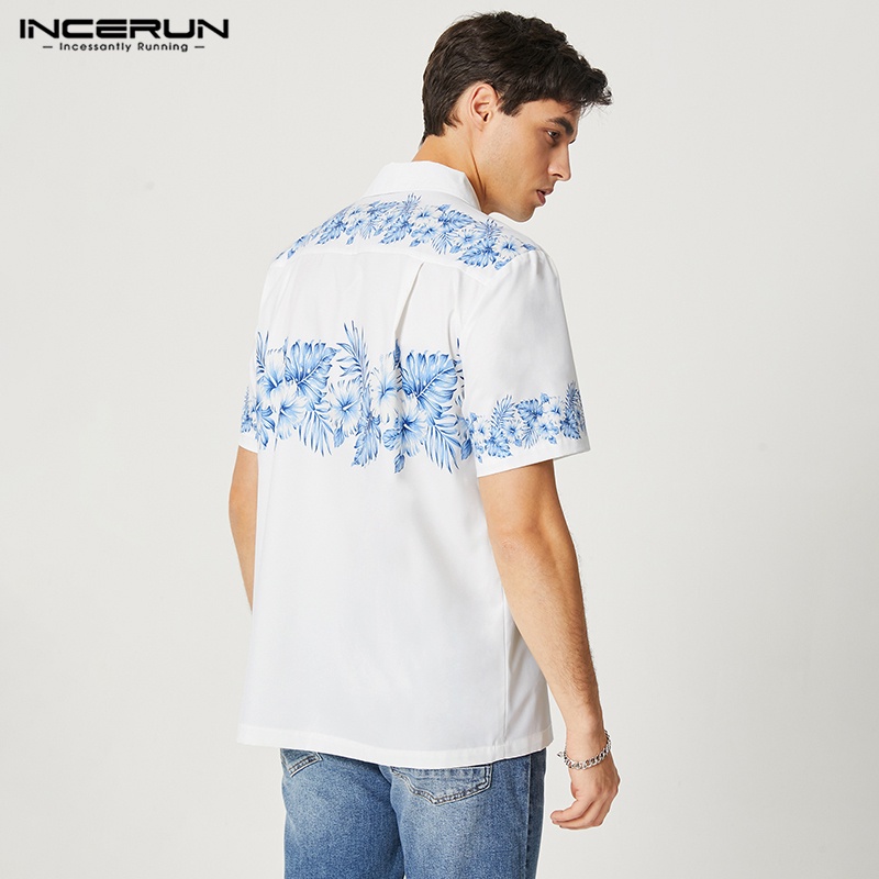 INCERUN Áo Sơ Mi Ngắn Tay Họa Tiết In Thời Trang Đi Biển Mùa Hè Cho Nam