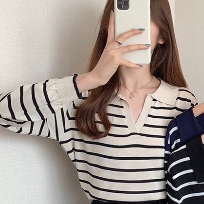 Áo sweater ZHELIHANGFEI cổ polo tay dài kẻ sọc dễ phối đồ hợp thời trang
